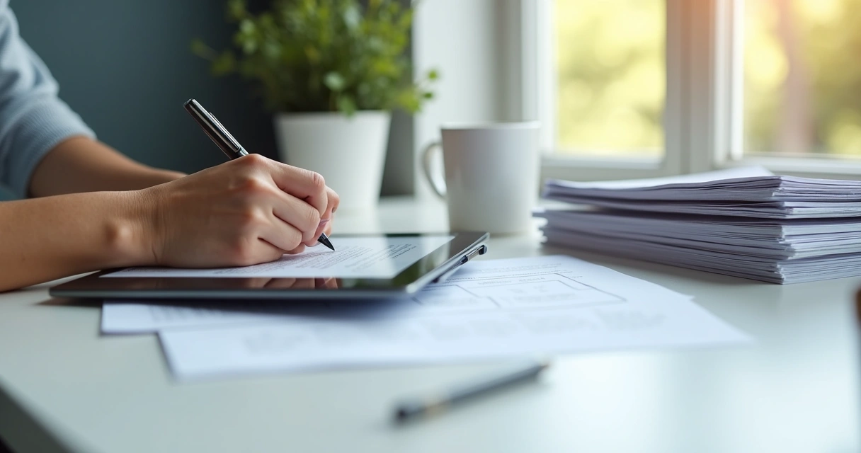Pessoa assinando contrato de aluguel digital em tablet na mesa branca com documentação, caneca de café ao lado