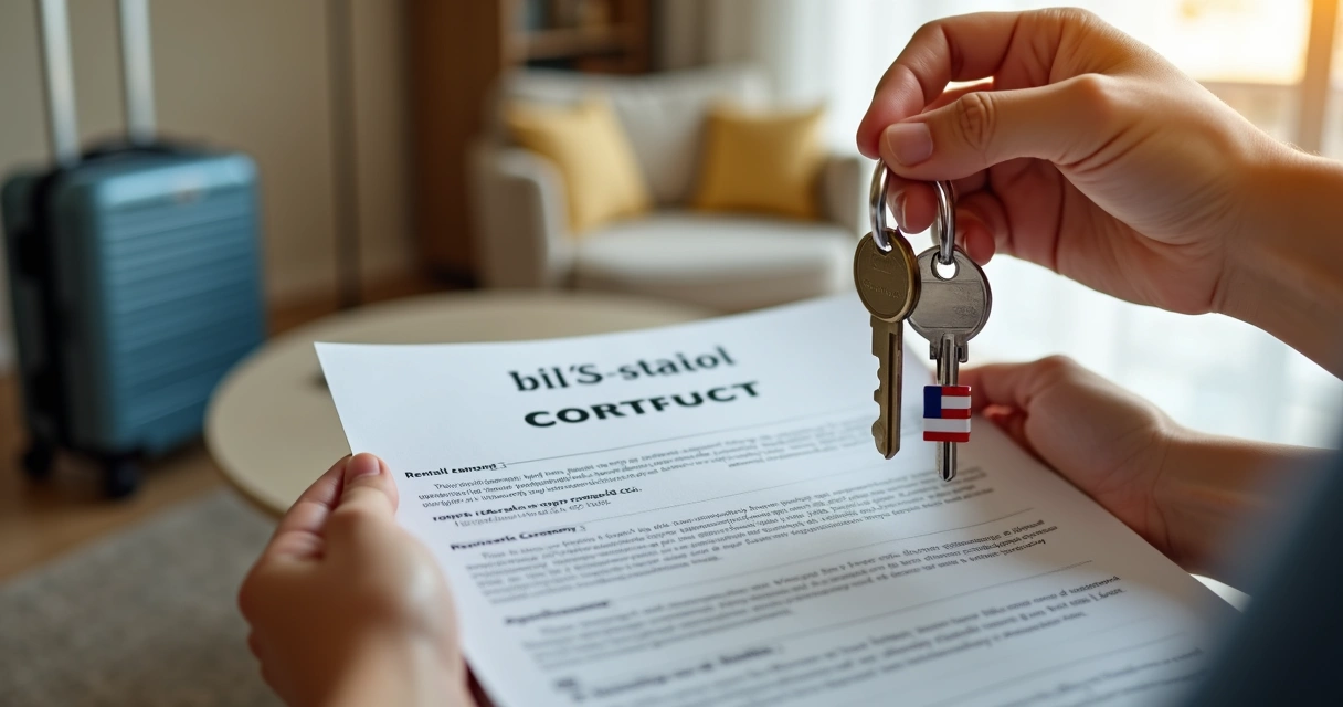 Mão segurando contrato de aluguel com mala ao fundo 