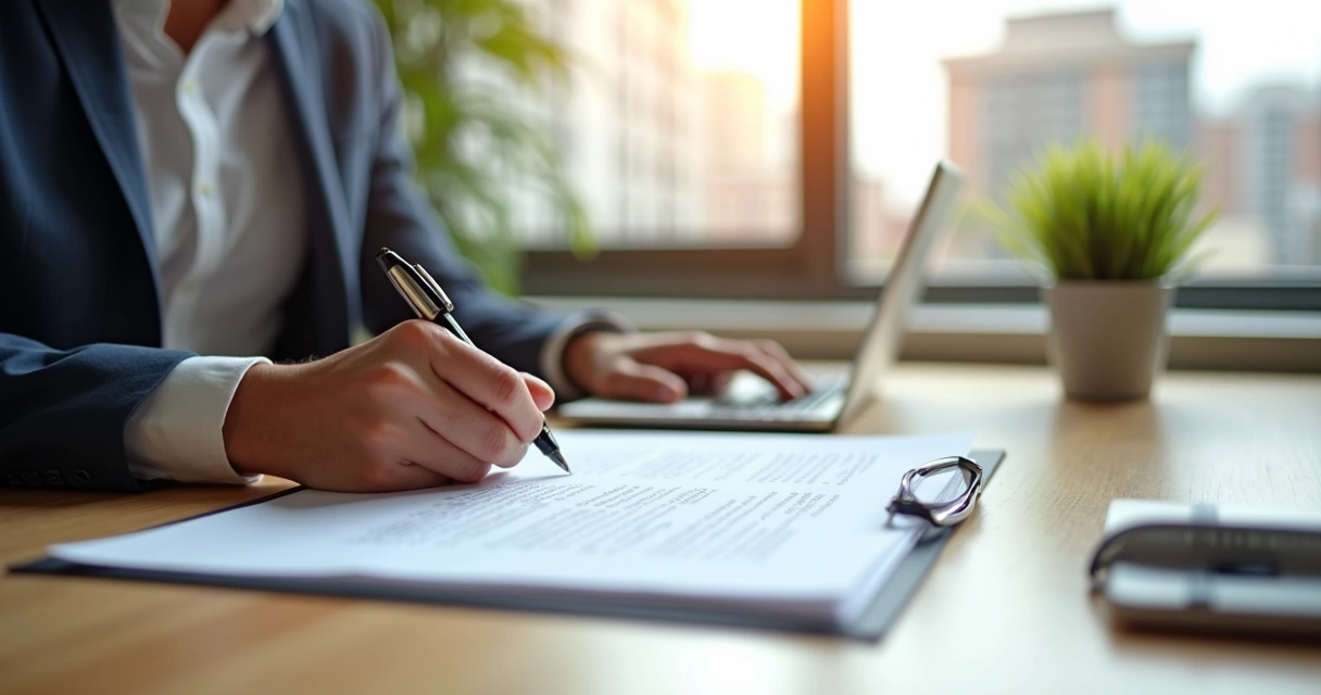 Pessoa assinando contrato de aluguel com fiador em mesa de escritório organizada 