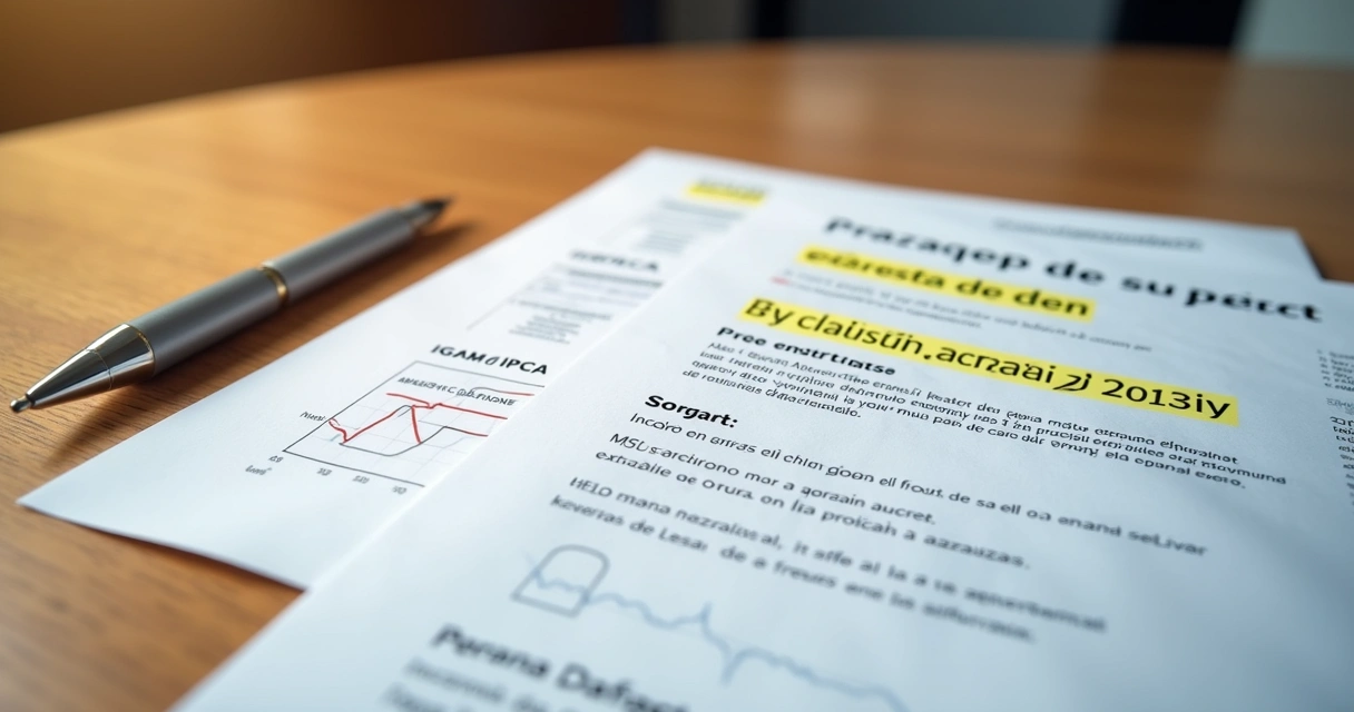 Contratos de aluguel, caneta e gráficos de reajuste na mesa 