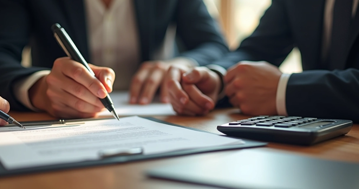 Contrato de aluguel com destaque para pagamento do IPTU em mesa de madeira com caneta e calculadora 