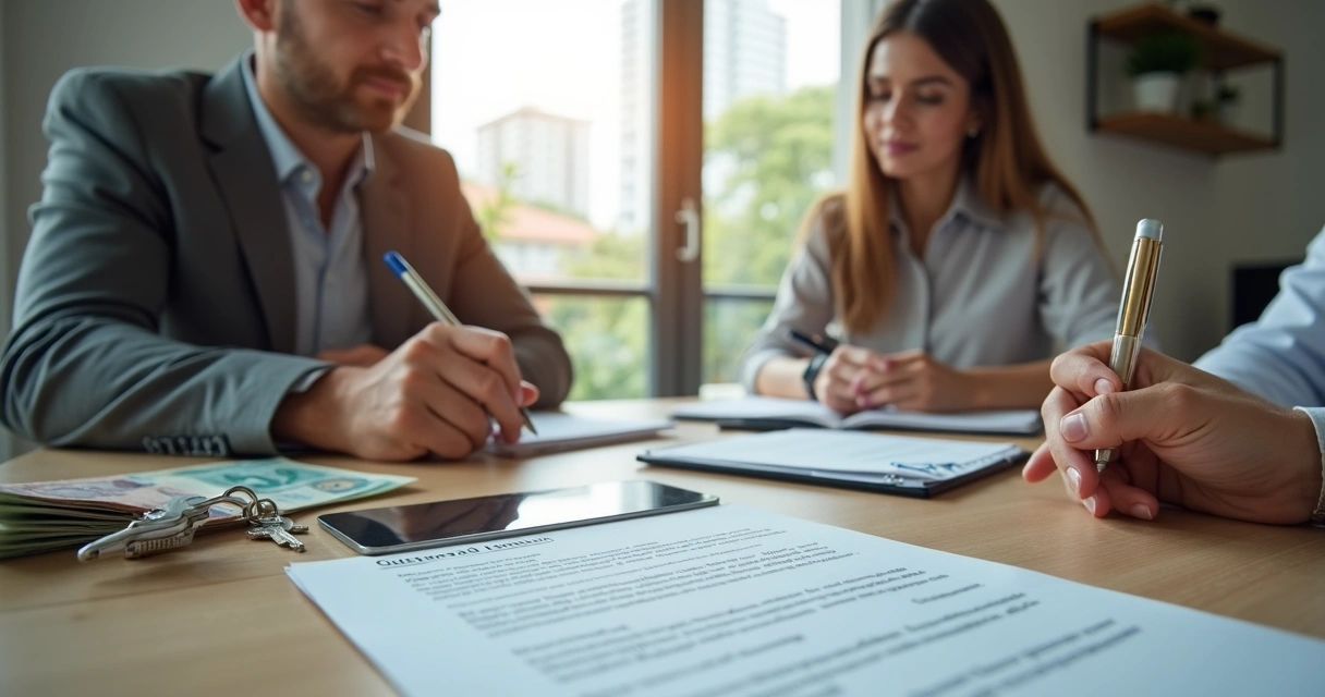 Corretor mostrando contrato de aluguel residencial em tablet para inquilinos 
