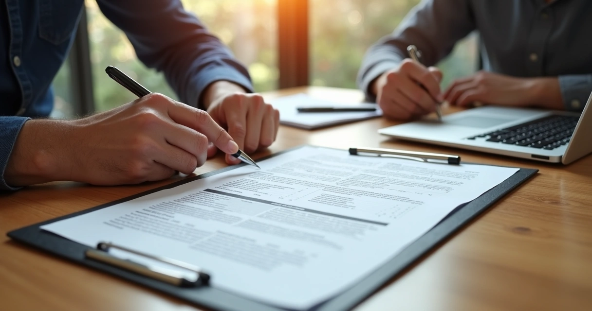 Duas pessoas revisando um contrato de aluguel em uma mesa com notebook e canetas 