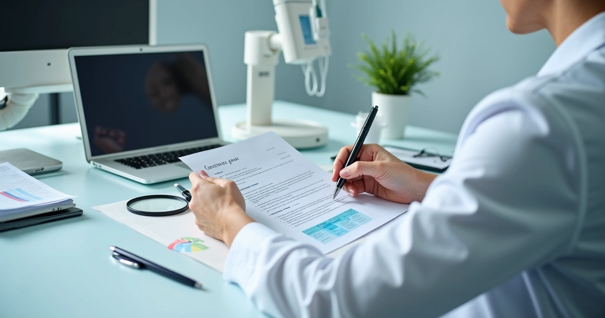 Dentista analisa contrato em mesa com planilha 