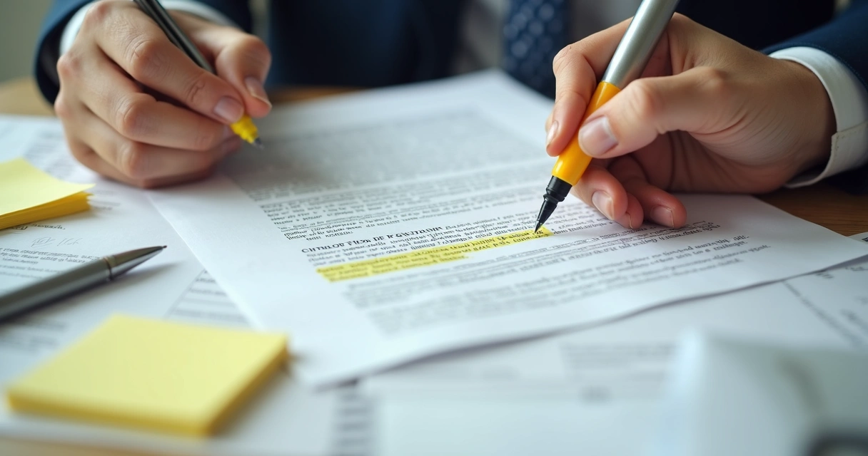 Pessoa analisando cláusulas de contrato de aluguel com caneta e marca-texto 