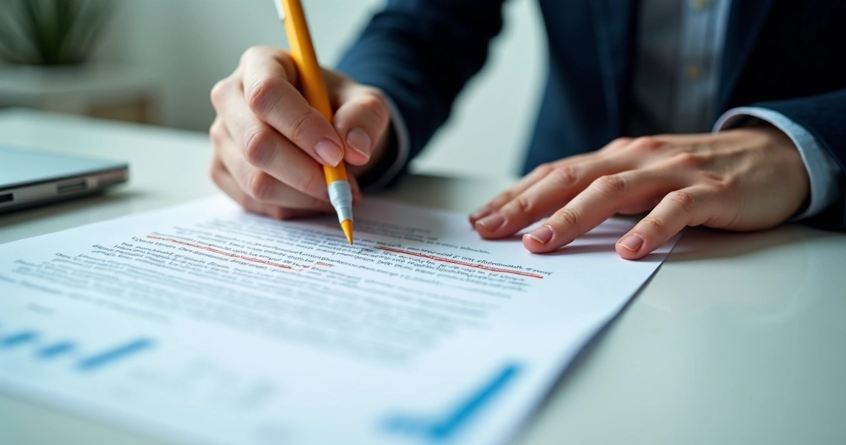 Pessoa destacando áreas de um contrato impresso com marca-texto amarelo 