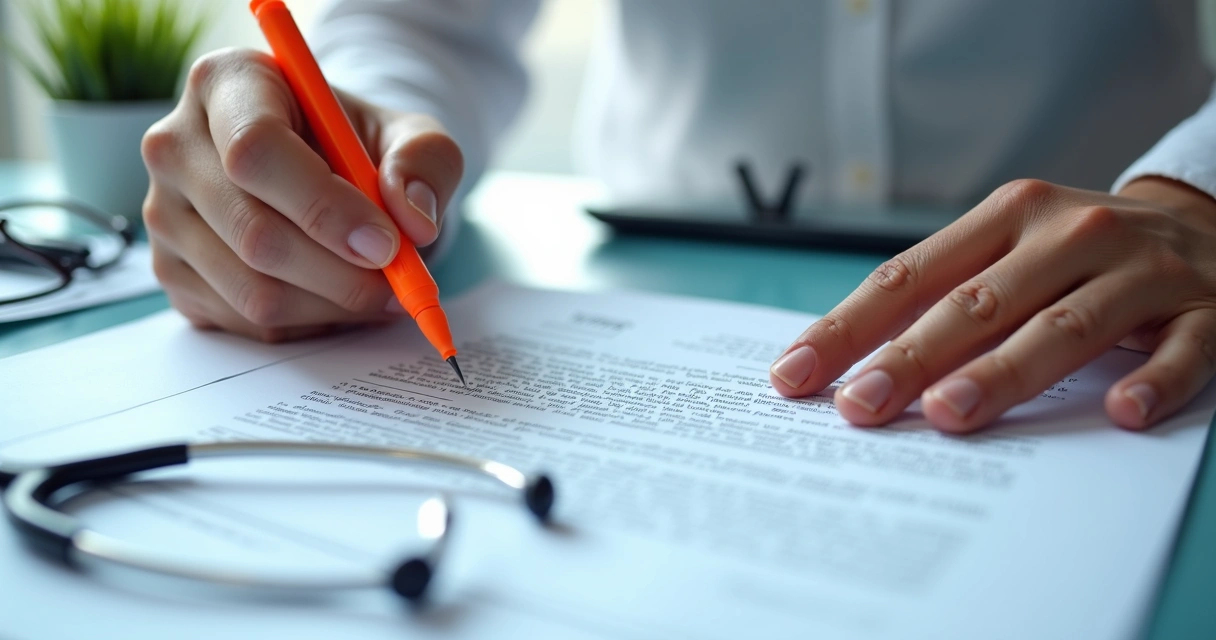 Pessoa analisando contrato de plano de saúde, com marca-texto e documentos sobre a mesa 