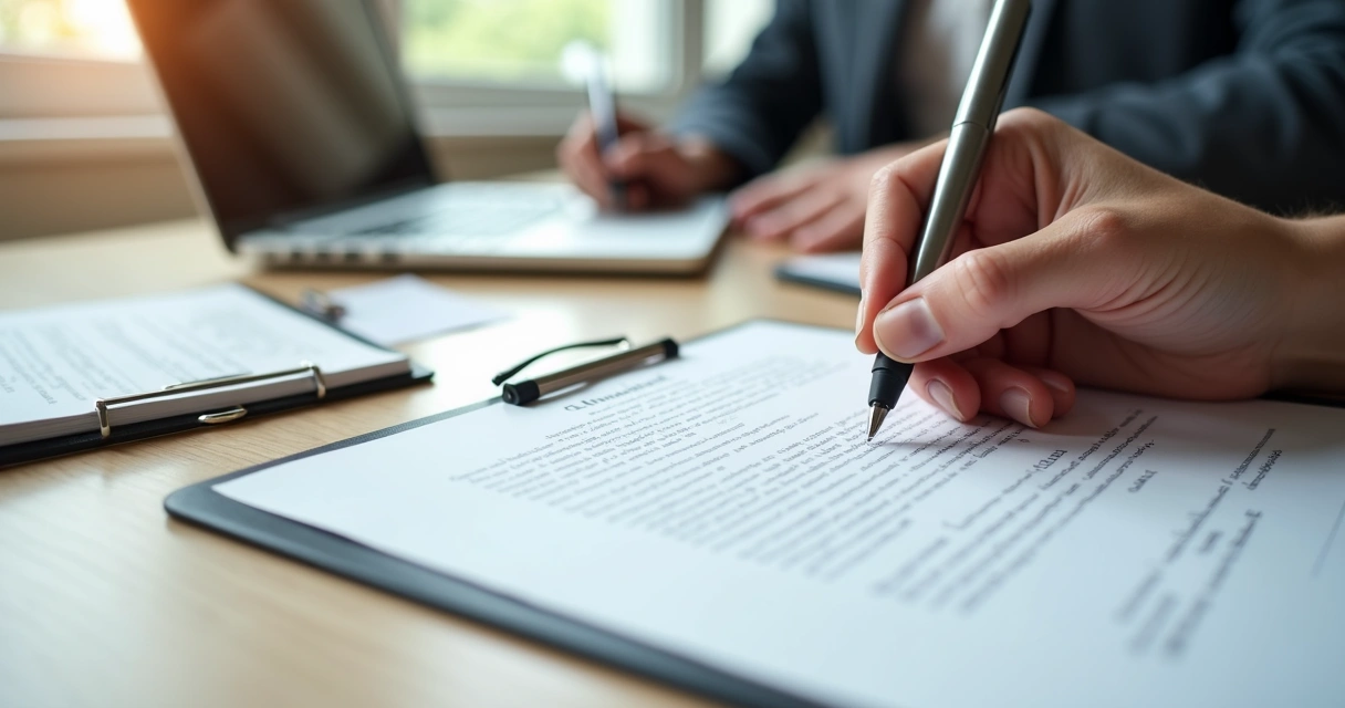 Documento de contrato sendo assinado com caneta sobre mesa de madeira clara, com laptop aberto e anotações ao redor, ambiente de escritório moderno e iluminação natural 