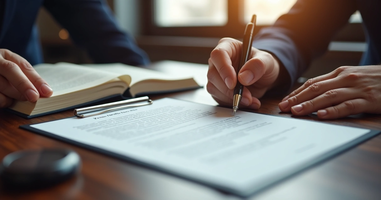 Contrato sendo assinado por mão com caneta ao lado de livros jurídicos 
