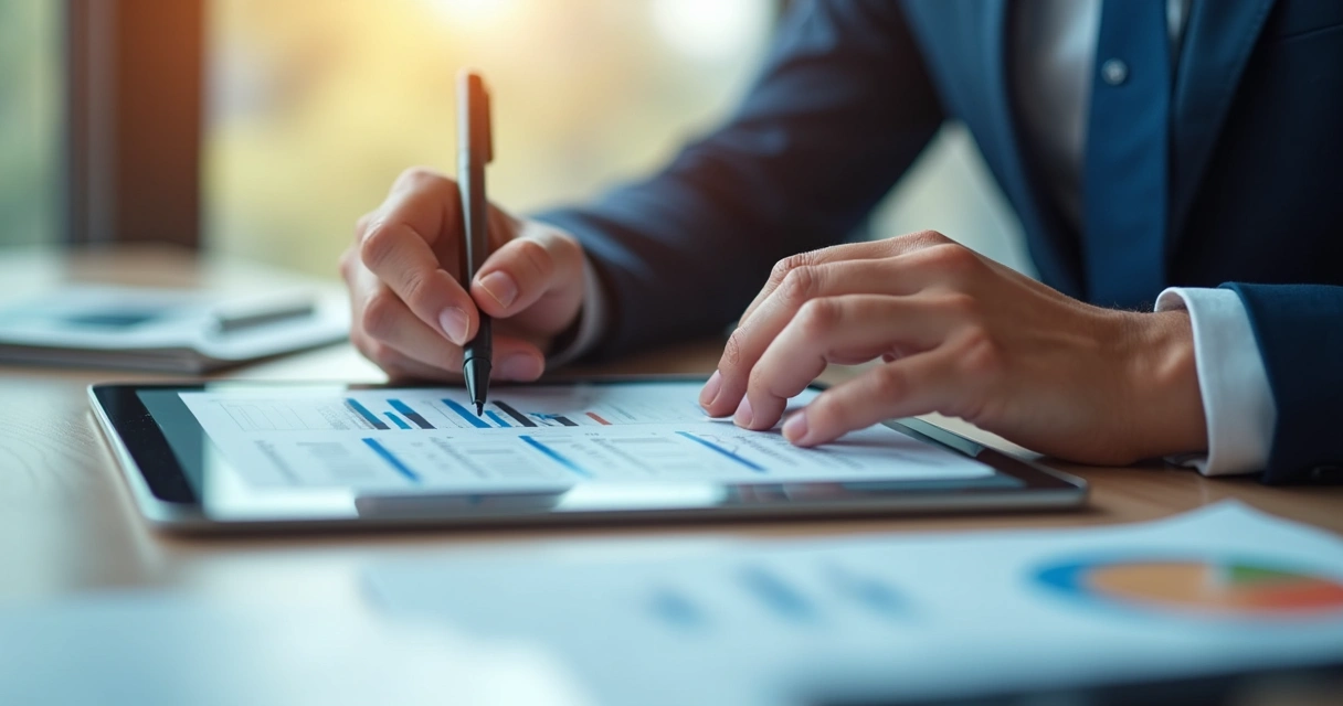 Mãos assinando contrato digital em tablet com gráficos financeiros ao lado 