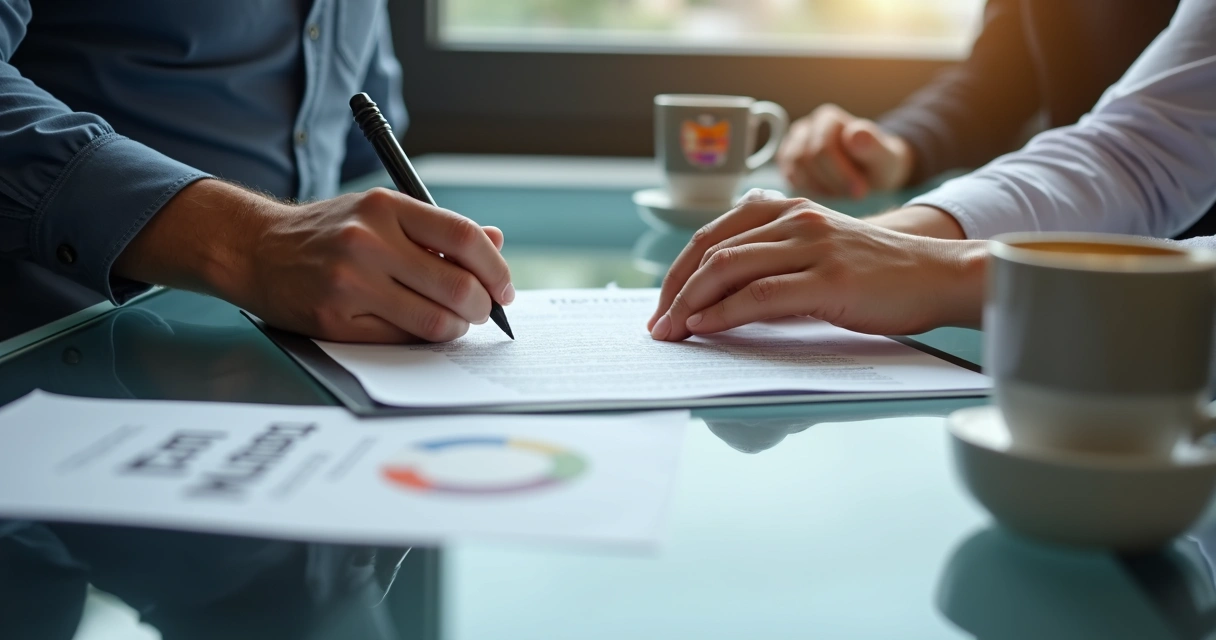 Mãos assinando contrato e analisando relatório de marketing odontológico 