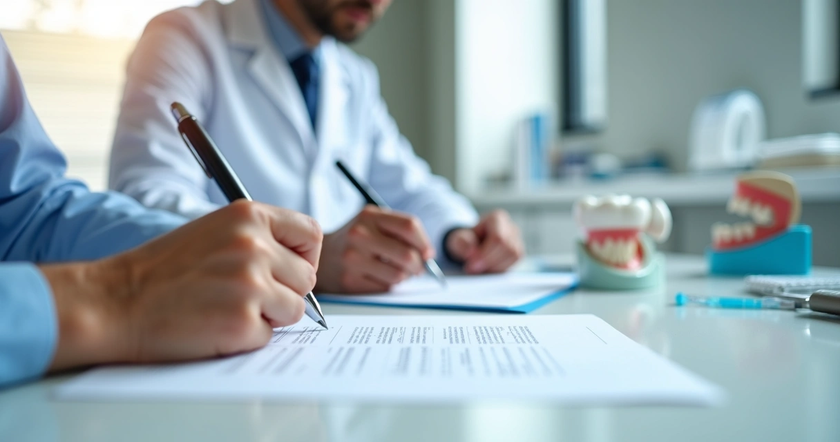 Paciente e dentista assinando contrato em clínica 