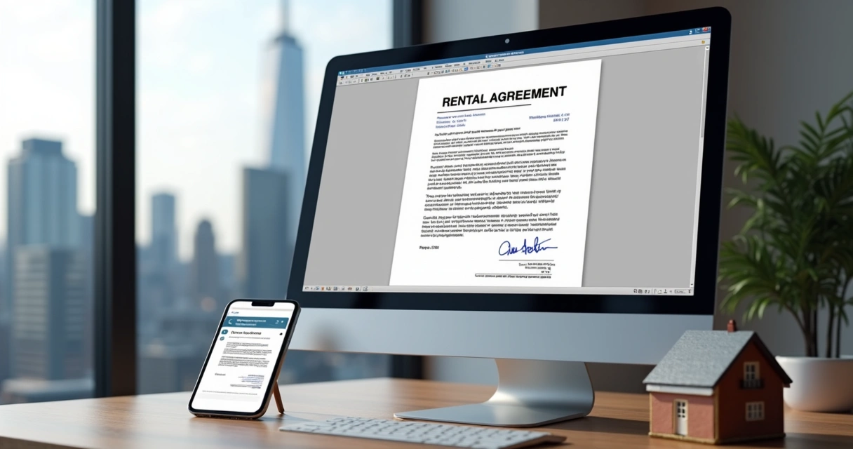 Tela de computador mostrando contrato digital de aluguel assinado eletronicamente 