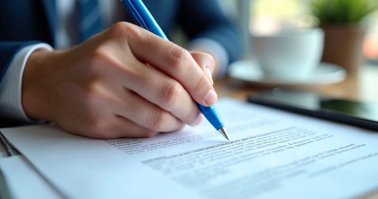Mão assinando contrato em mesa de escritório, caneta azul 