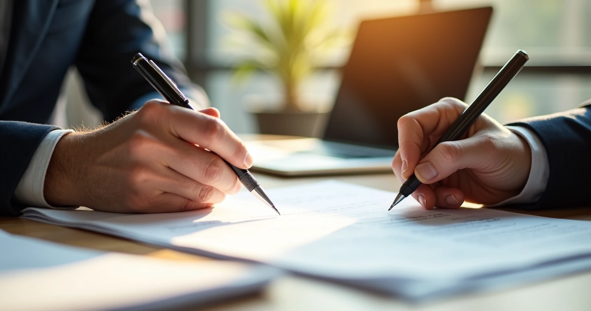 Cláusulas principais em contratos de prestação de serviços nos EUA 1 Duas pessoas assinando contrato em uma mesa de madeira