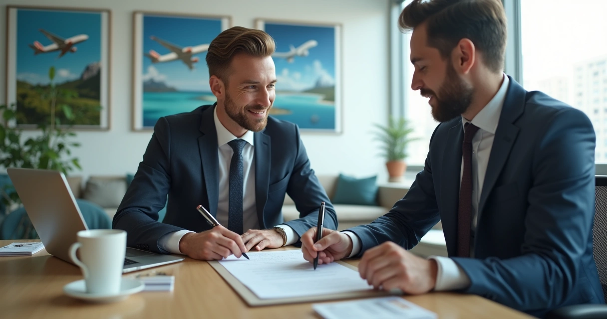 Pessoas revisando e assinando contrato em mesa de escritório 