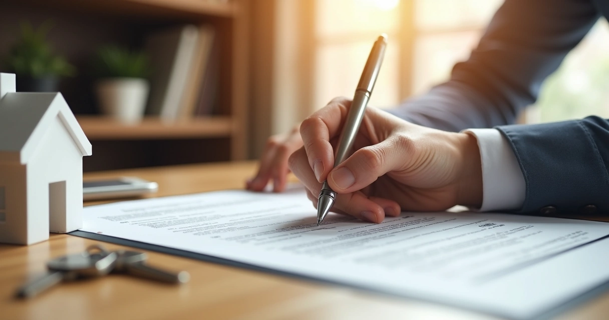 Pessoa assinando contrato imobiliário em mesa com miniatura de casa e chaves 