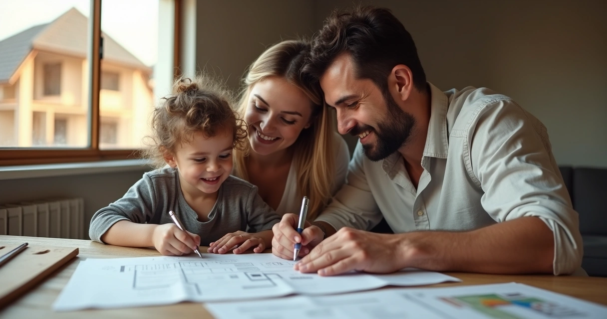 Casal assinando contrato de financiamento com criança ao lado, cenário de casa em obras ao fundo. 