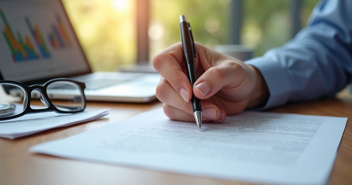 Contrato comercial sendo assinado com caneta sobre mesa com documentos e laptop ao fundo 