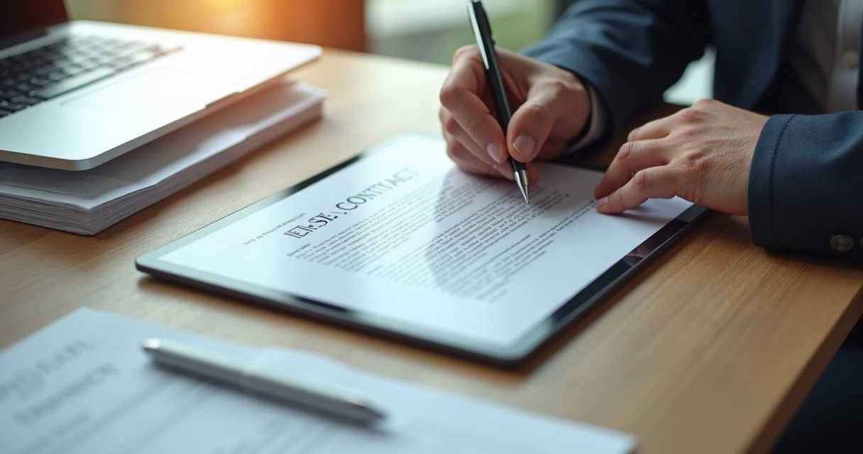 Contrato de locação digital sendo assinado no tablet em mesa de escritório com documentos e caneta 
