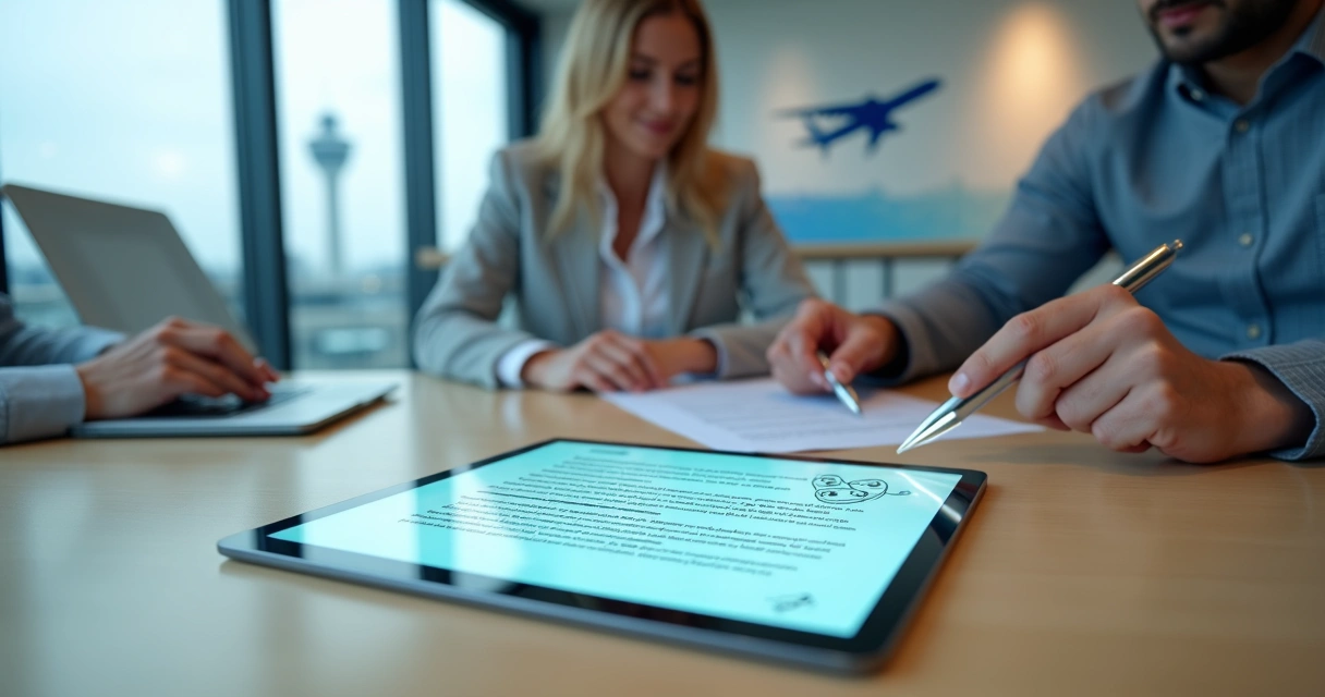 Empresários do turismo revisando contrato digital em tablet com ícone de assinatura eletrônica 