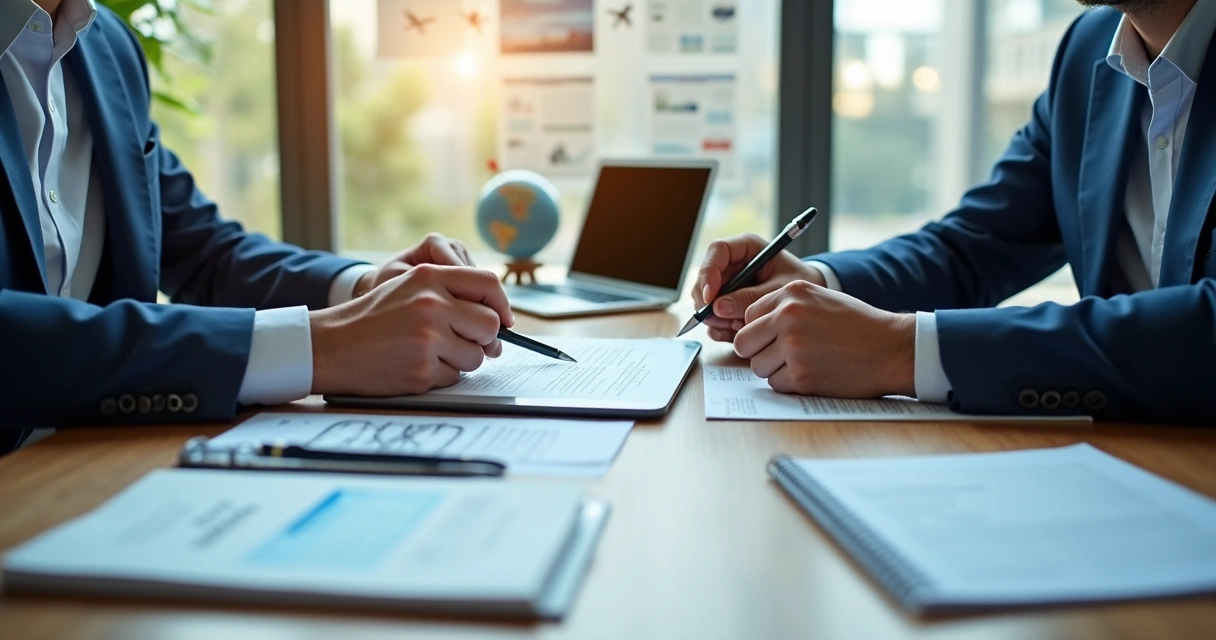 Consultor de turismo e cliente assinando contrato digital em tablet 