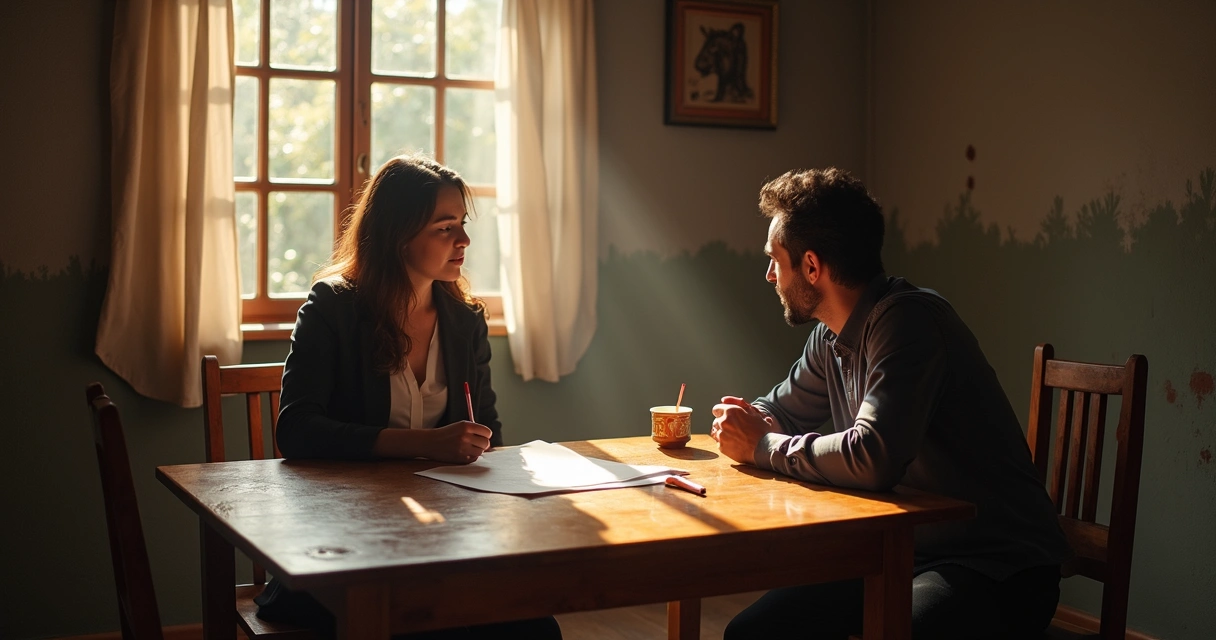 Mesa com contrato de locação simples, caneta, chave, e duas pessoas discutindo termos 