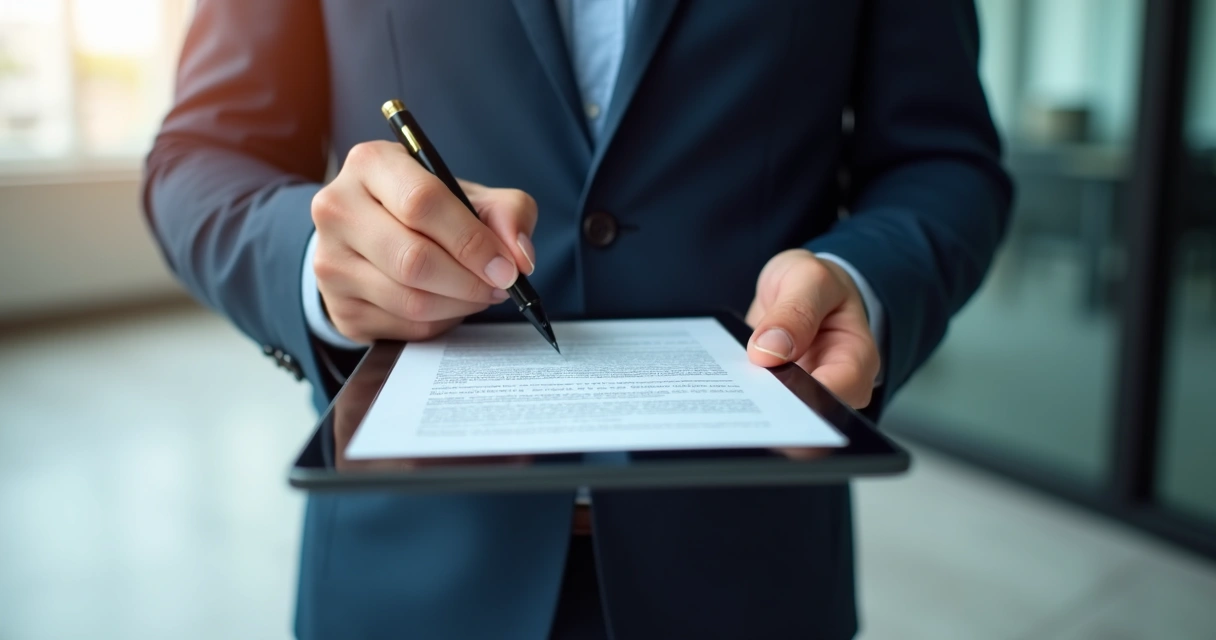 Pessoa assinando eletronicamente um contrato de locação em tablet, foco nas mãos, escritório ao fundo 