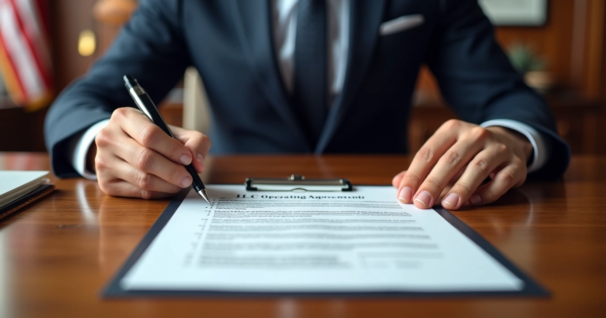 LLC nos EUA: Como Abrir, Vantagens e Diferenças da Corporation 1 Pessoa assinando acordo empresarial com contrato LLC sobre a mesa