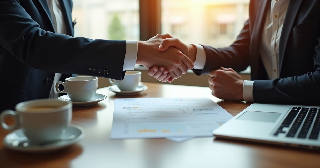 Mãos firmando contrato de assinatura anual entre empresas na mesa 