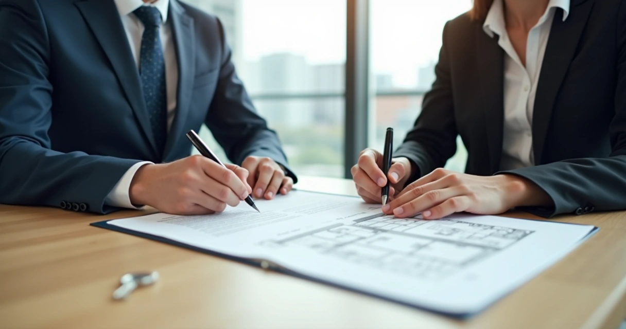Empresários assinando contrato imobiliário em mesa de madeira clara 