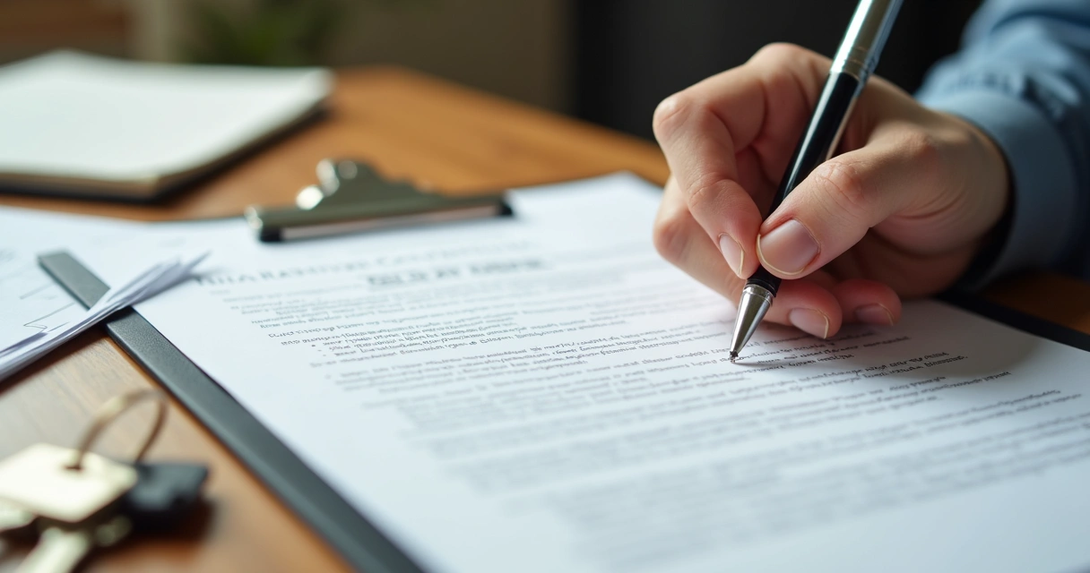 Pessoa assinando contrato de imóvel em mesa com papéis e caneta 