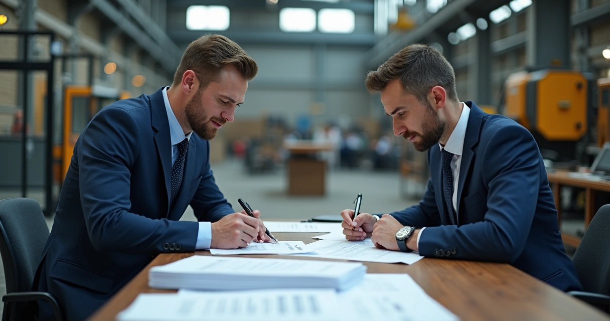 Dois empresários assinando contrato em ambiente industrial