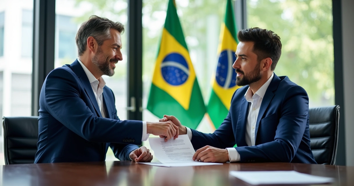 Como abrir uma LLC nos EUA: guia prático para brasileiros 3 Advogado americano entregando contrato LLC para empresário brasileiro assinar
