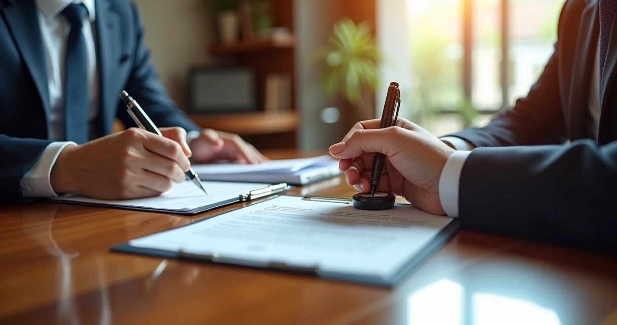Pessoas assinando contrato em mesa de escritório