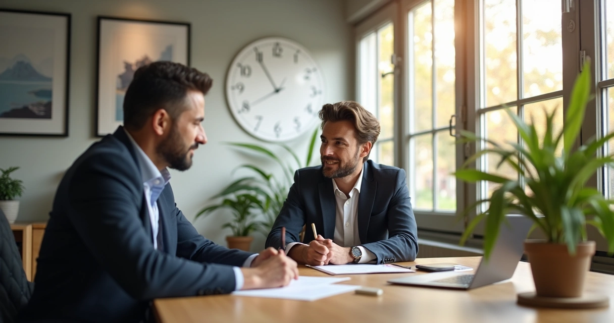 Gestor e cliente assinando contrato comercial em mesa de escritório 