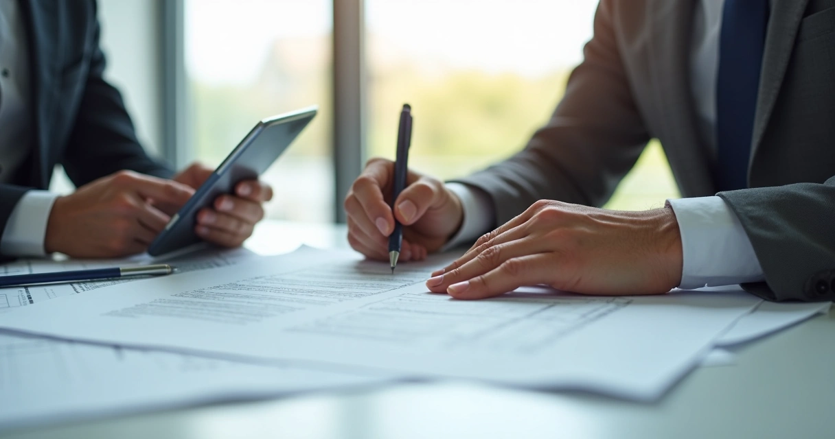 Duas pessoas assinando contrato de arquitetura em uma mesa, com plantas ao redor. 