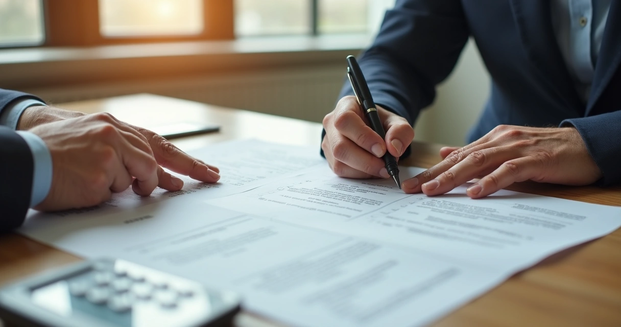 Duas mãos assinando contrato de aluguel sobre mesa de madeira com caneta ao lado de calculadora.