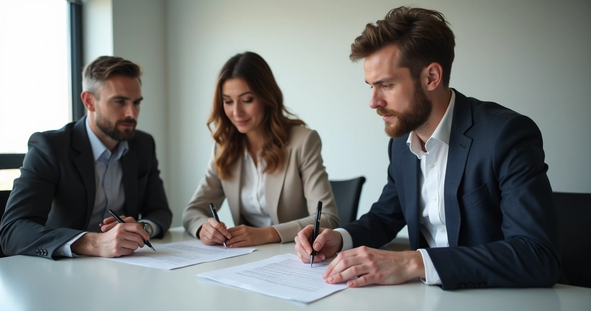 Pessoas assinando contrato sentadas à mesa com documentos 