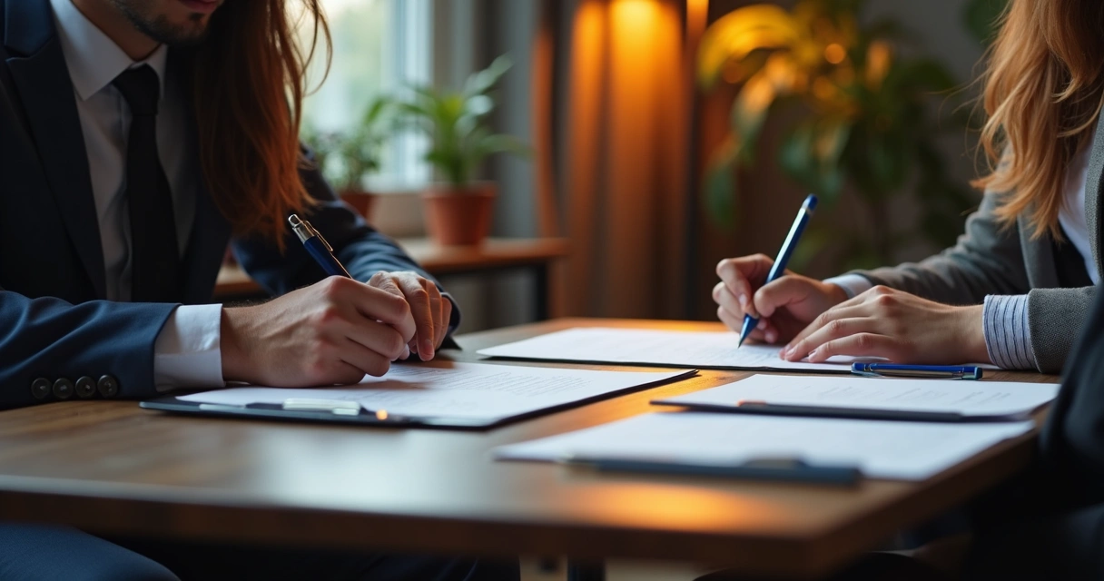 Mãos assinando contrato em mesa de escritório 
