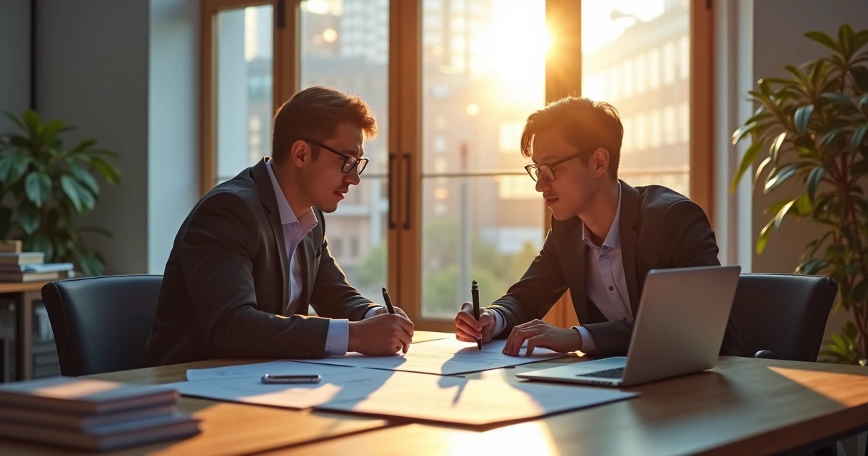 Duas pessoas assinando contrato em escritório moderno com computadores ao fundo 