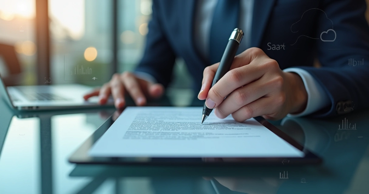 Assinatura de contrato tecnológico em close, com caneta e tablet