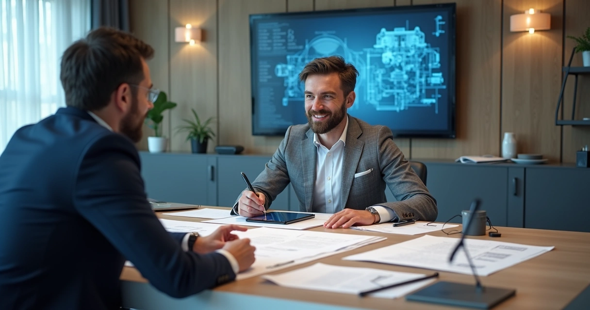 Gestor revisando contrato de manutenção técnica em mesa de reunião 