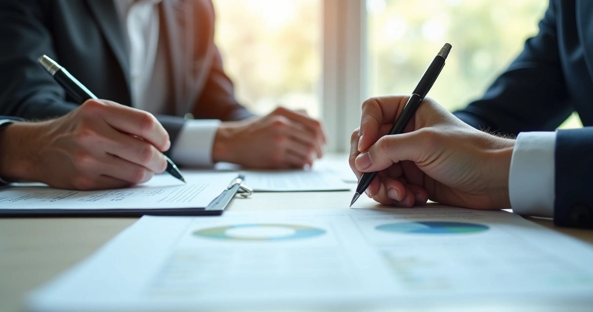 Mãos assinando contrato de prestação de serviços sobre mesa com documentos 