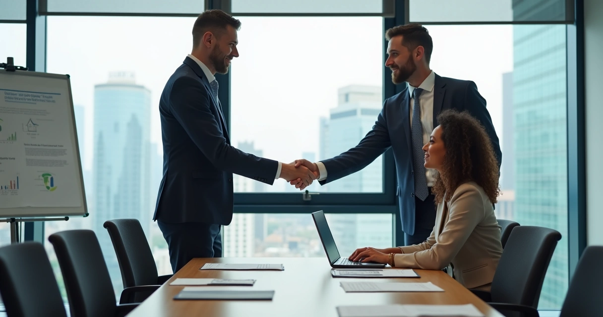 Empresários fechando contrato de fornecimento B2B em reunião formal