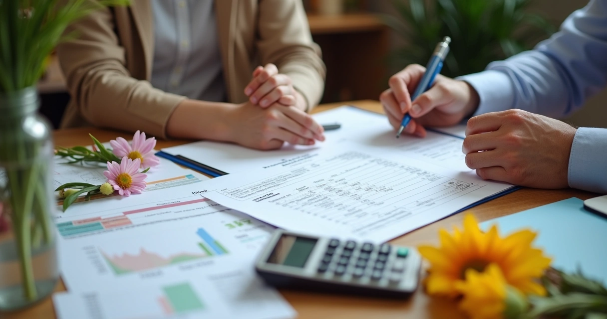 Dono de floricultura mostrando relatório com DRE e gráfico de contratos B2B 