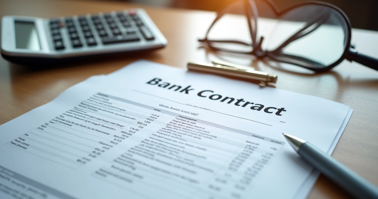 Contrato bancário com calculadora e planilha financeira sobre a mesa