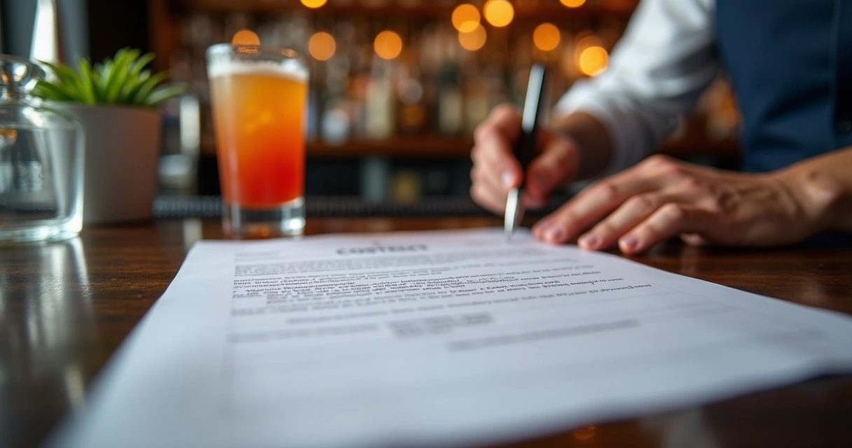 Documento de contrato sobre um balcão de bar, bartender ao fundo preparando bebida 