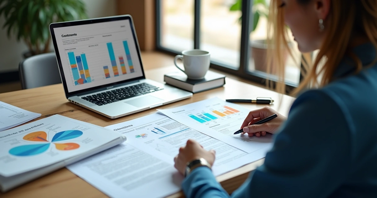 Mesa com duas pessoas em reunião avaliando modelos de contratos enquanto um laptop exibe gráficos de benefícios 