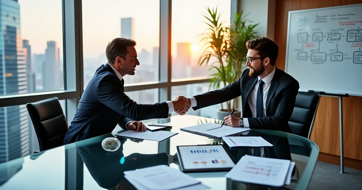 Assinatura de contrato de serviço financeiro em escritório moderno 
